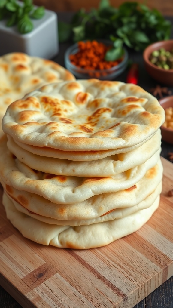 Homemade Pita Bread Pockets Recipe Freshly baked pita bread pockets stacked on a cutting board, ready to be filled.